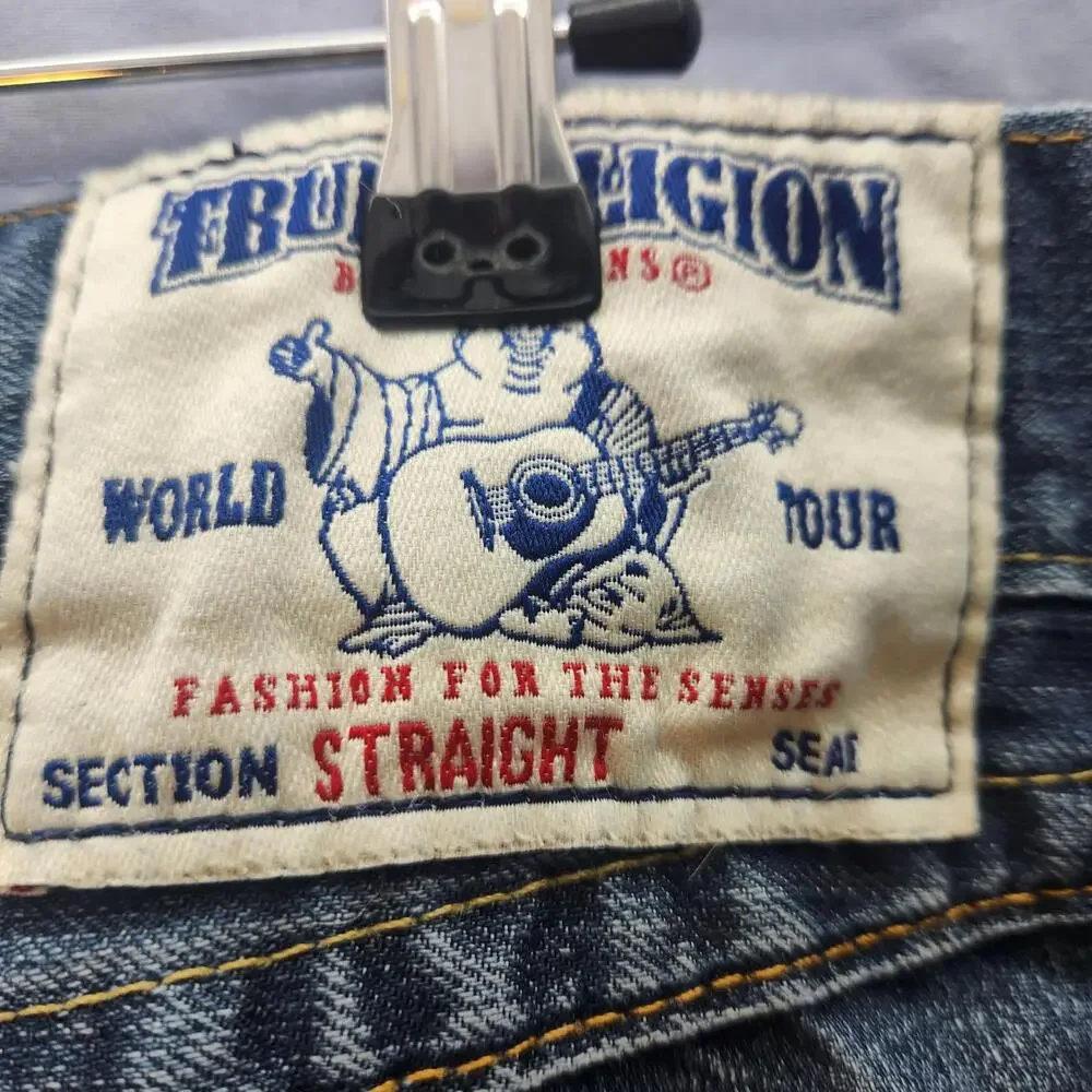 Vintage Y2K‎ True Religion Mens Straight Leg Jeans Sz 34 Distressed Blue Denim